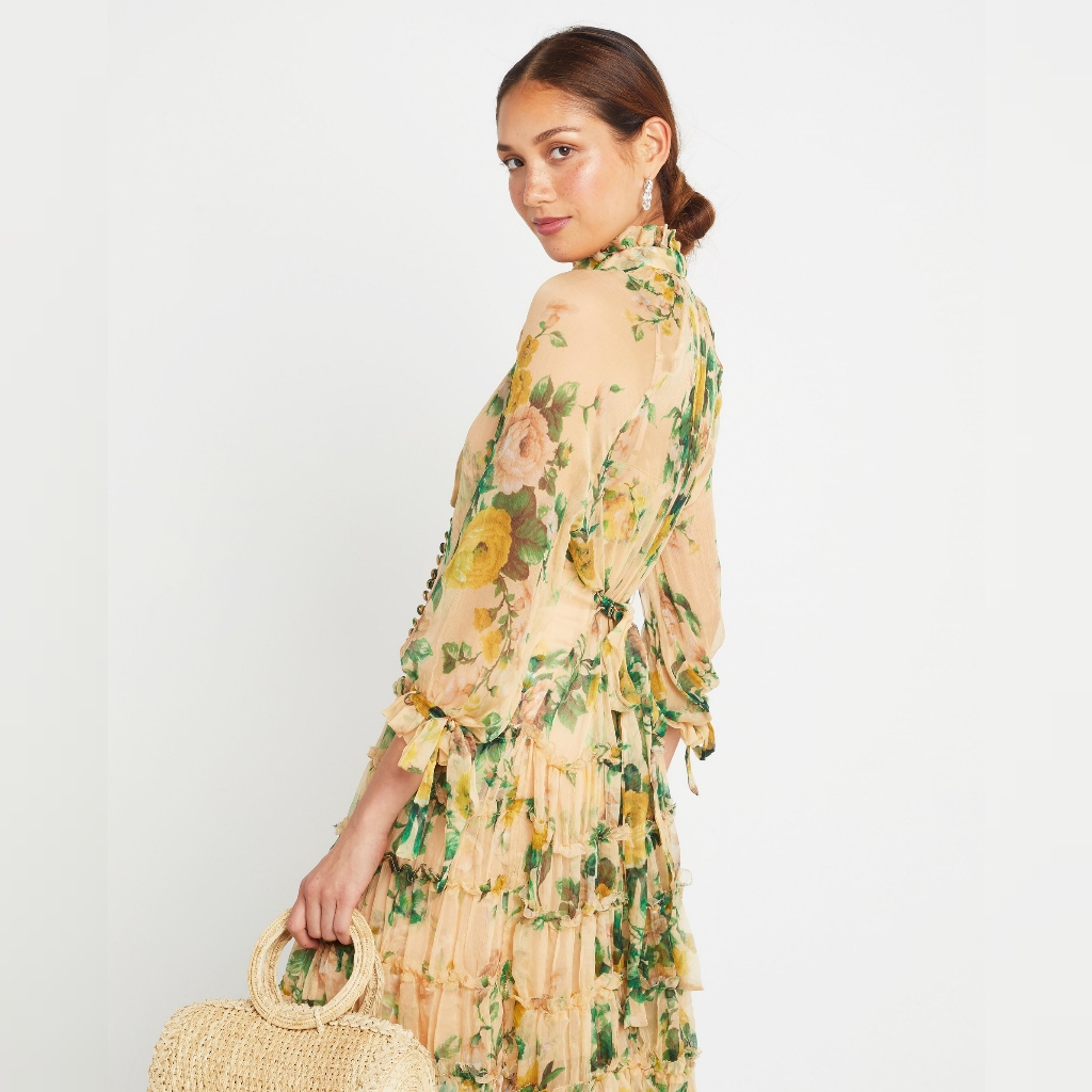 O.P.T. Floral Beige Ruffled Tiered Midi Dress